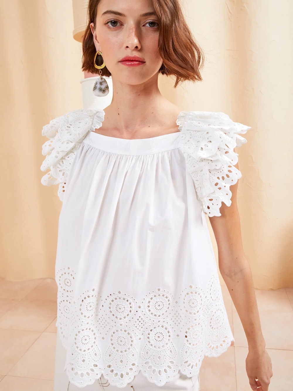 Cotton Square Neck Ruffle Sleeve Top Intricate Eyelet Details and Scalloped Hem